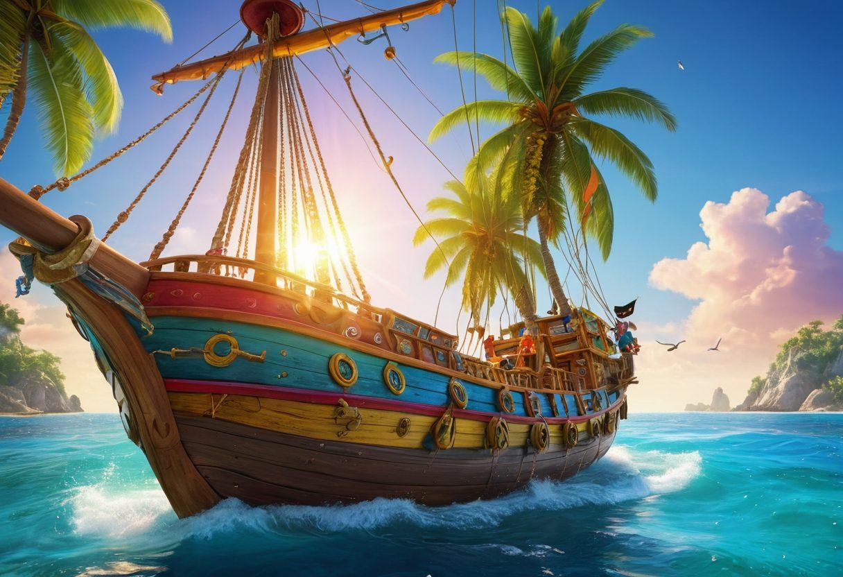 An adventurous pirate ship sailing through azure waters under a bright, cheerful sun, with bold colors reflecting a merry atmosphere. Crew members, clad in colorful pirate attire, are joyously interacting on deck, some swinging from ropes, while a treasure chest adorned with jewels lies open. In the background, a whimsical island dotted with lush palm trees and a vibrant rainbow adds to the escapade feel. Playful dolphins leap in the foreground, enhancing the lively scene. super-realistic. vibrant colors. fantasy art.