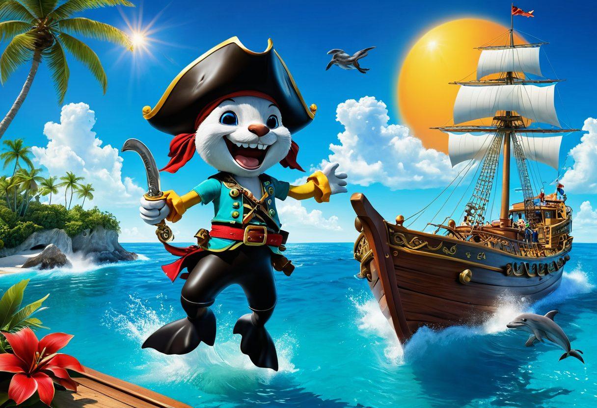 A cheerful buccaneer with a wide grin, wearing a colorful pirate outfit, joyfully steering a ship through sparkling turquoise waters. Surrounding the ship are playful dolphins jumping alongside, under a bright sun with fluffy clouds in a blue sky. In the background, a distant tropical island with palm trees creates an adventurous feel. The scene radiates happiness and excitement. vibrant colors. super-realistic. 3D.