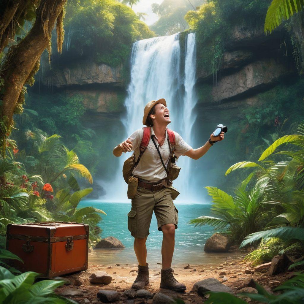 A lively scene depicting a carefree adventurer exploring an exotic jungle filled with vibrant flora and fauna, a waterfall cascading in the background, treasure chests partially buried in the ground, and the adventurer laughing, with binoculars in hand. The atmosphere is filled with excitement and wonder, highlighting both the thrill of exploration and the treasures found along the way. super-realistic. vibrant colors. white background.